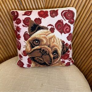 Pug Dog  Needlepoint Throw Pillow with Red Roses 12.5”